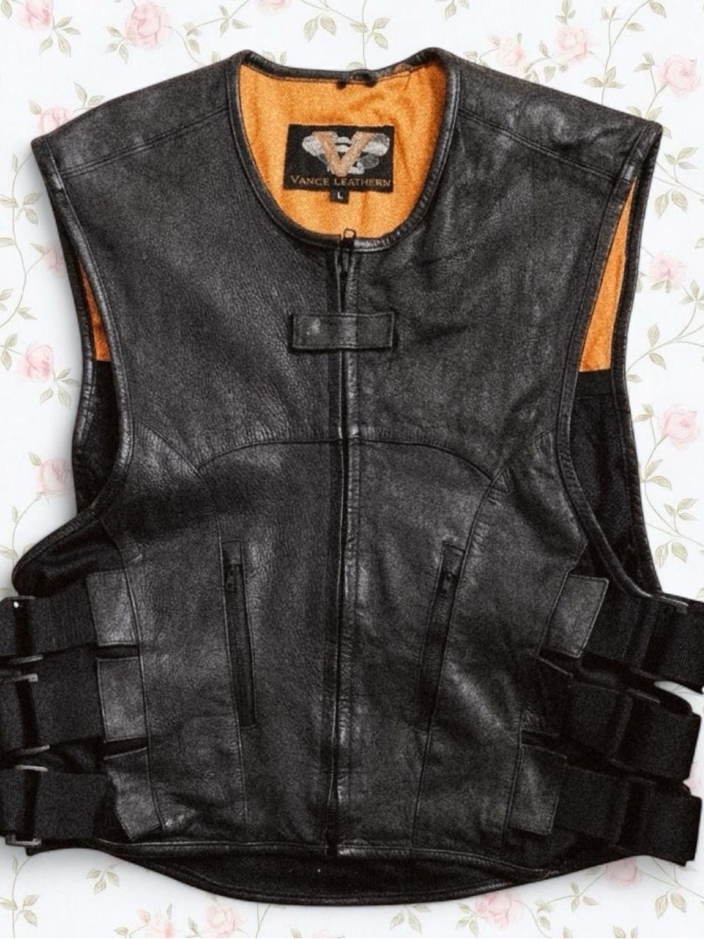 Black Leather Motorcycle Vest with Orange Lining